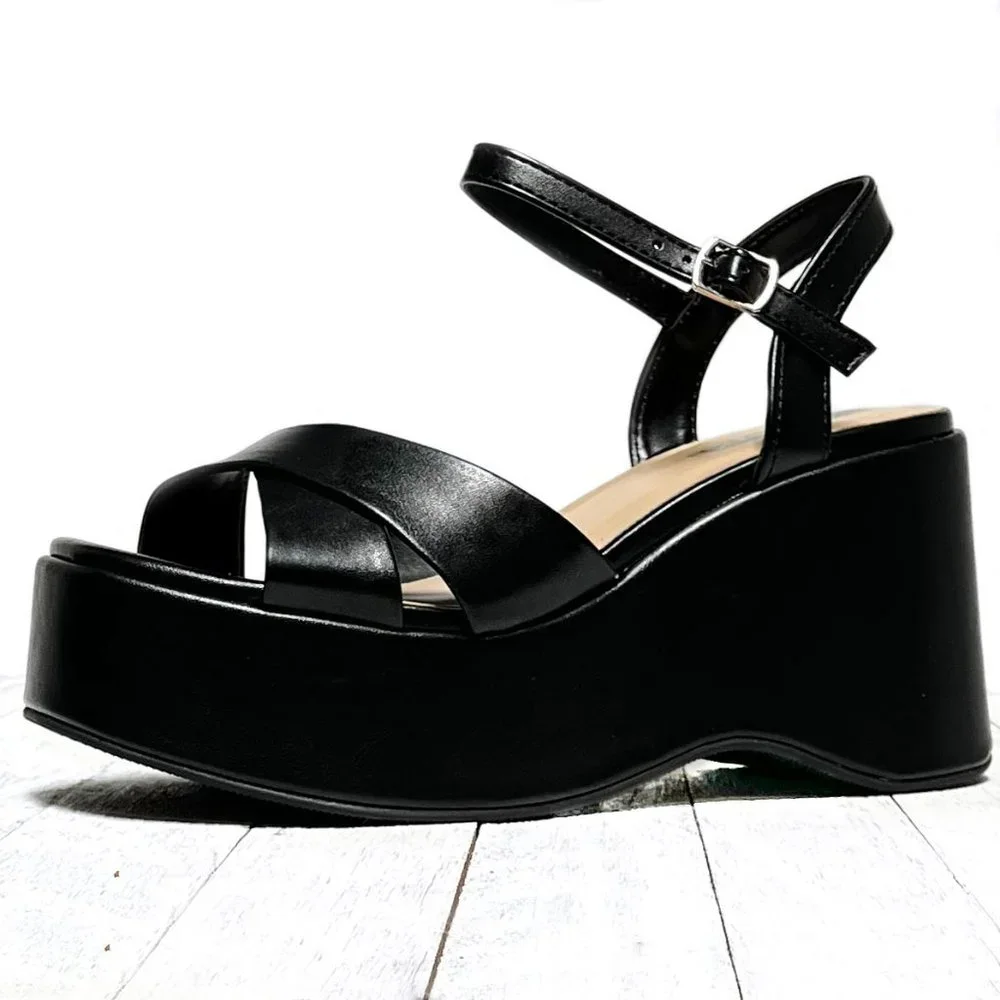 New Black Cross Platform Wedge Sandals - Picture 4 of 6